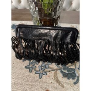 KATHERINE‎ KWEI Black Leather Fringe Clutch Bag New York Evening Occasion
